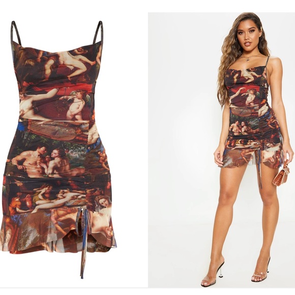 Plt prettylittlething multi Mesh Renaissance Print Ruched Bodycon Dress size 6 - Picture 1 of 3